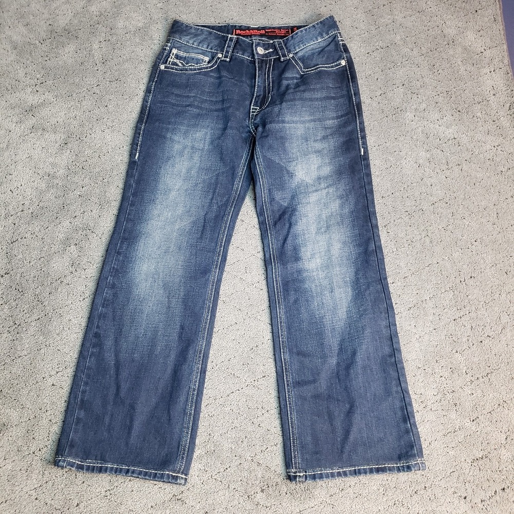 Rock And Roll Cowboy Jeans Mens 28x27* Blue Double Barrel Straight Denim Hemmed